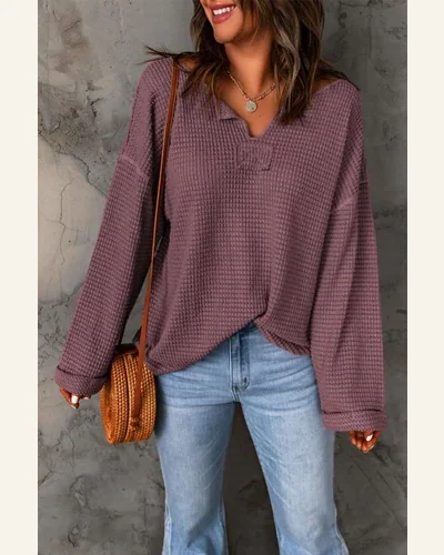 Tunic Tops Casual Purple Waffle Knit Loose Long, view 3