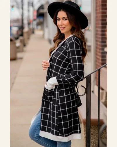 Cardigan Sweater Casual Black Plaid Colorblock Edge Open, view 2