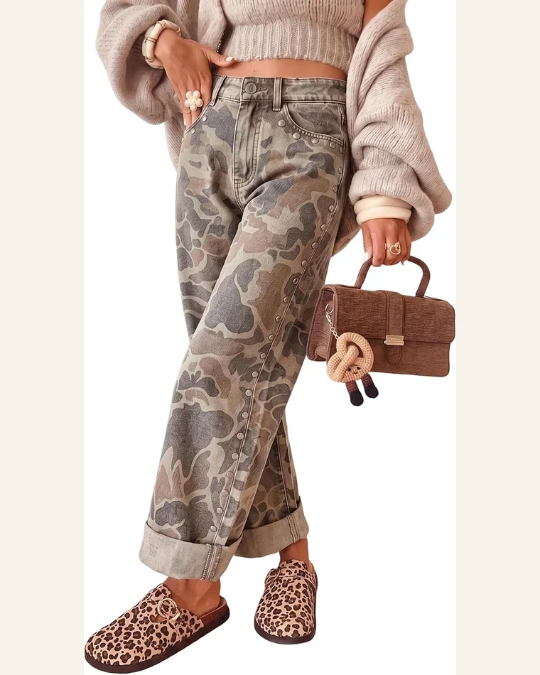 Camouflage Jeans Studded Straight Loose Pants Multicolour 4 by SELINK
