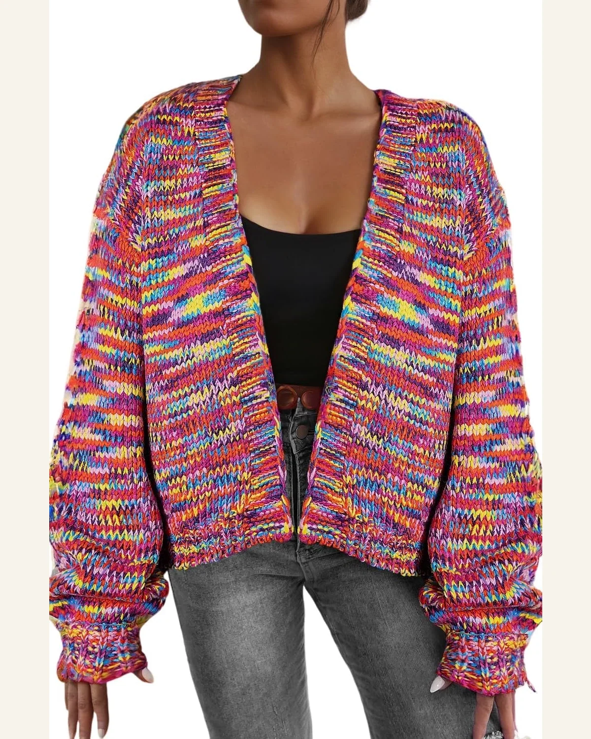 Cardigan Sweater Casual Pink Confetti Drop Shoulder Open by SELINK