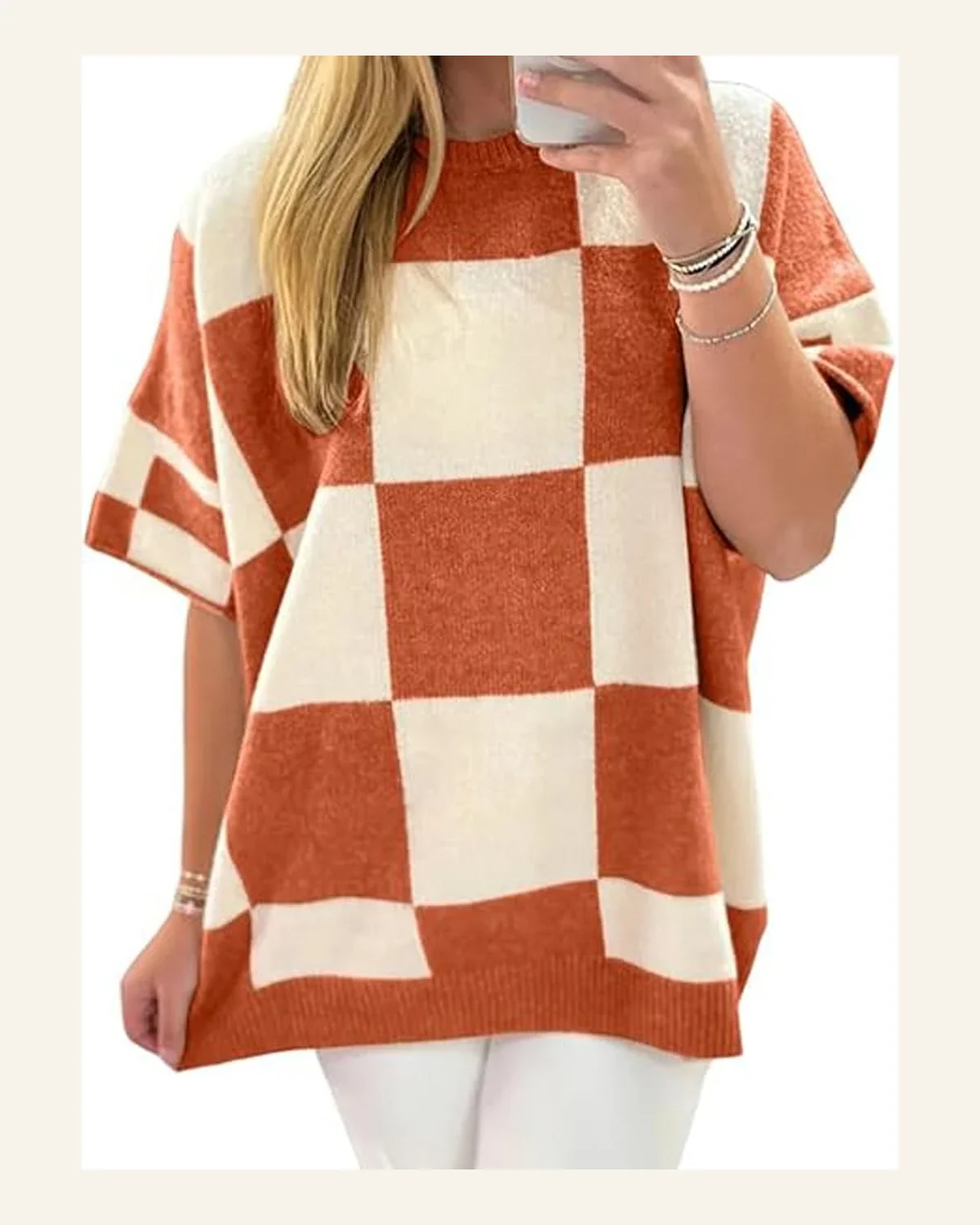 Casual Orange Checkered Pattern Pullover Sweater Tops Loose by SELINK