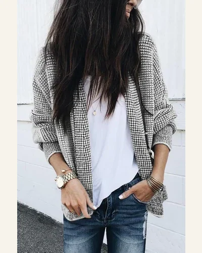 Cardigan Sweater Casual Grey Plaid Contrast Trim Open, view 3