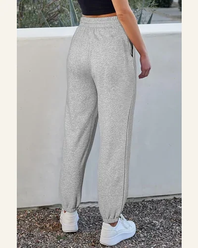 Casual Light Grey Fleece Lined Pants Drawstring Elastic, view 2