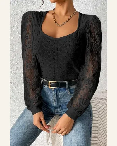 Bodysuit Casual Frenchy Contrast Lace Bishop Sleeve Bodysuit, view 3