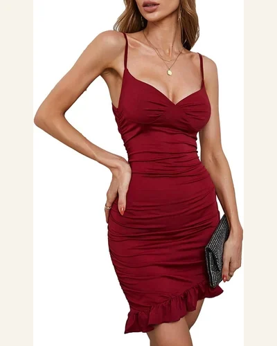 Spaghetti Strap Bodycon Ruched Ruffle Hem Mini Party Dress, view 1