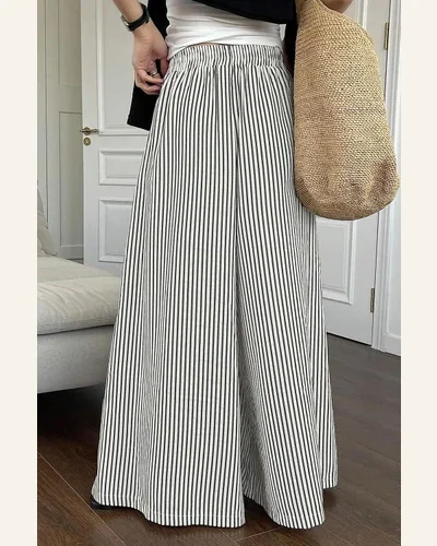 Casual Loose Black Stripe Elastic High Waist Pants, view 2