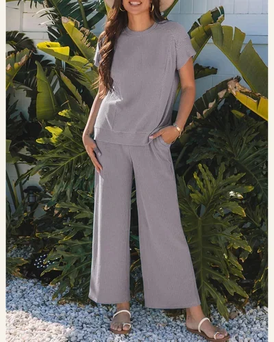 2 Piece Sets Summer Corded Knit Crewneck Pullover, view 2