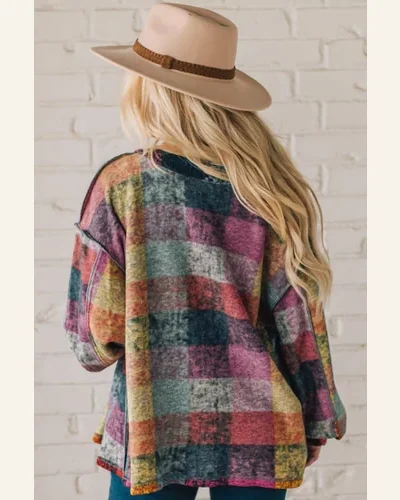 Shacket Jacket Casual Multicolor Brushed Checked Western Buttoned, view 2