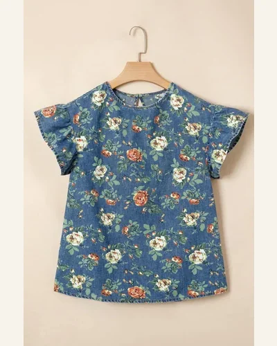 Floral Denim Tunic Top Short Sleeve Blouse Ashleigh, view 4