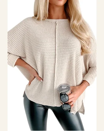 Tunic Tops Casual Apricot Waffle Knit Splits Batwing, view 1
