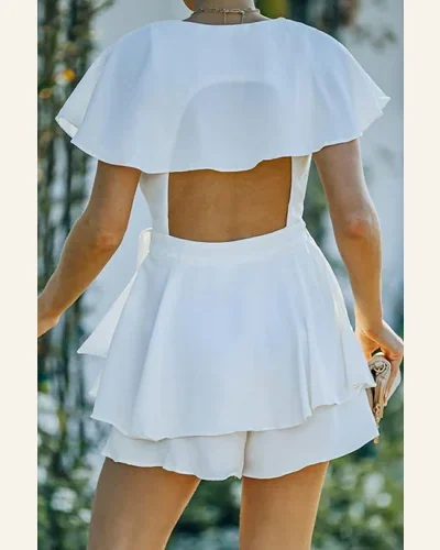 Jumpsuits Short Sleeve White Flounce Open Back Lace-up, view 3
