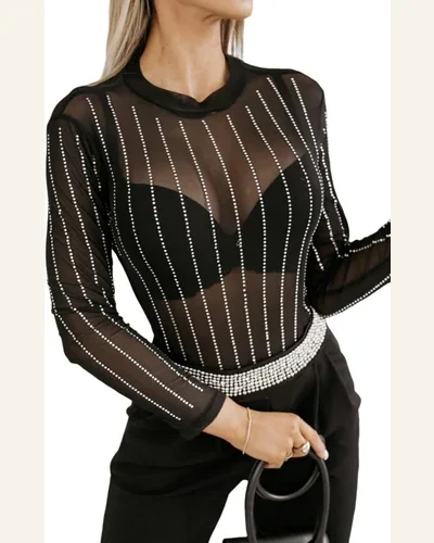 Bodysuit Club Black Rhinestone Decor Striped Mesh Long, view 1