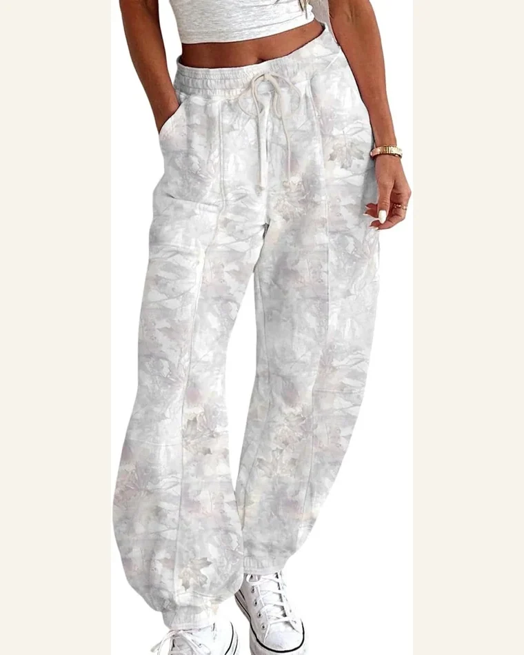 Casual Beige Camo Print Pants Baggy Drawstring Jogger by SELINK