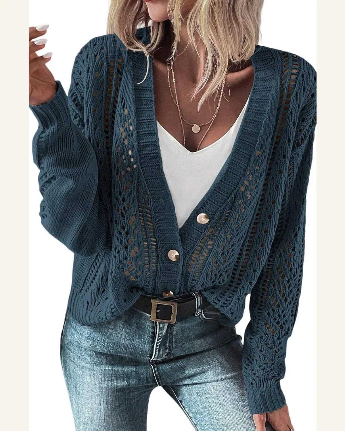 Cardigan Sweater Basic Real Teal Open Knit Drop by SELINK
