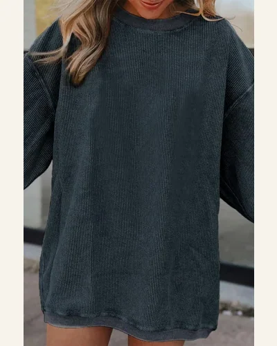 Casual Dark Grey Ribbed Corduroy Oversized Sweatshirts Solid, view 2