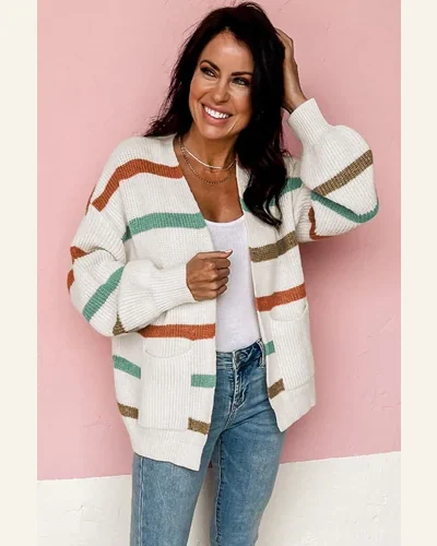 Cardigan Sweater Casual Beige Drop Shoulder Pocketed Stripe, view 4