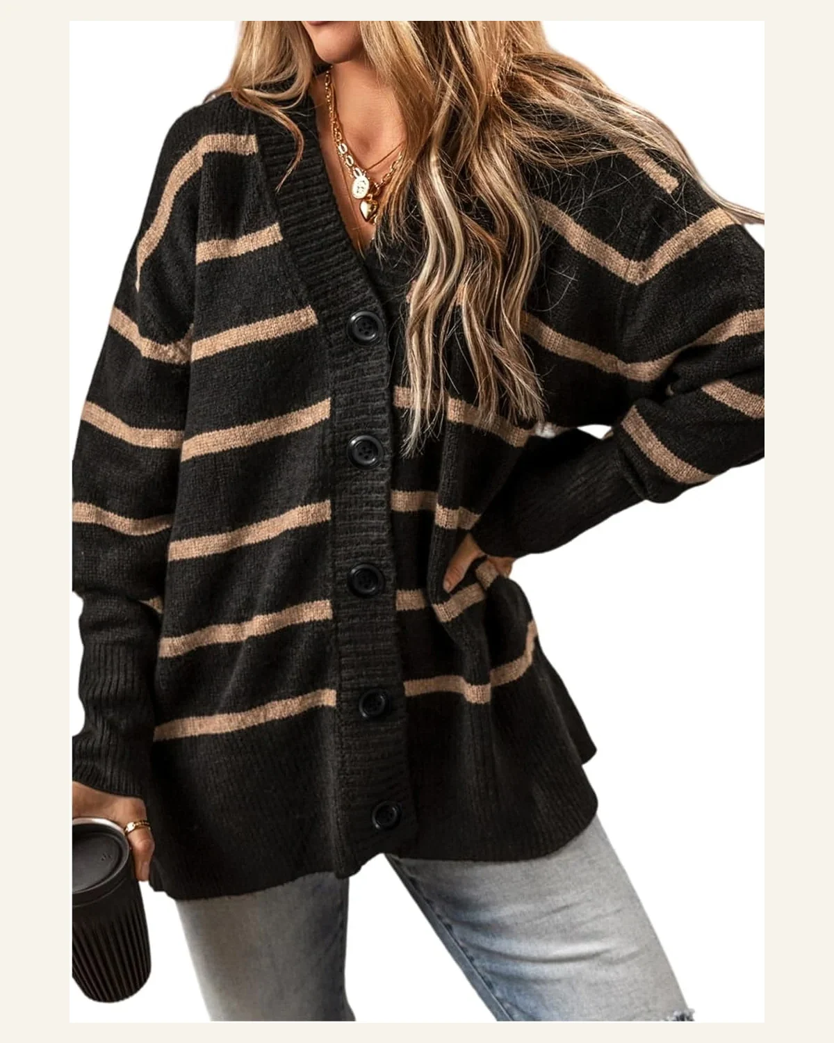 Cardigan Sweater Casual Black Stripe Buttoned V Neck by SELINK