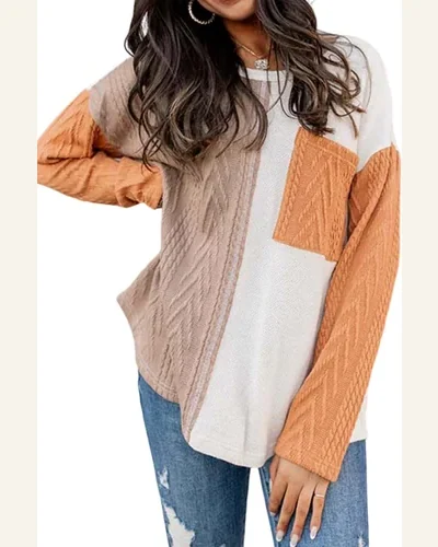 Tunic Tops Casual Orange Long Sleeve Colorblock Chest, view 1