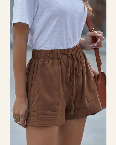 Casual Loose Brown Strive Tencel Shorts with Pocket, view 3