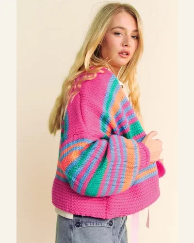 Cardigan Sweater Casual Rose Stripe Colorful Puff Sleeve, view 3