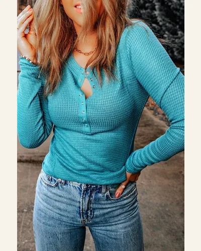 Tunic Tops Basic Sky Blue Waffle Knit Long, view 4