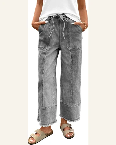 Casual Drawstring Seam Raw Hem Pants with Pockets, view 1