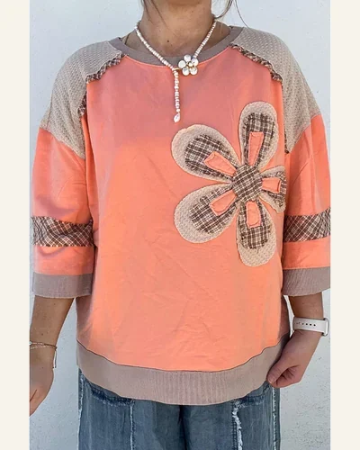 Casual 3/4 Sleeve Tops Plaid Waffle Flower Patchwork, view 3