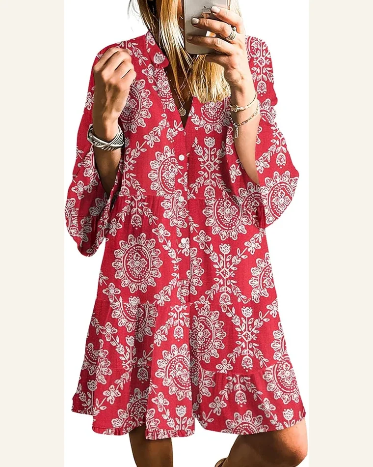 Long Sleeve Dresses Casual V Neck Tribal Mini by SELINK