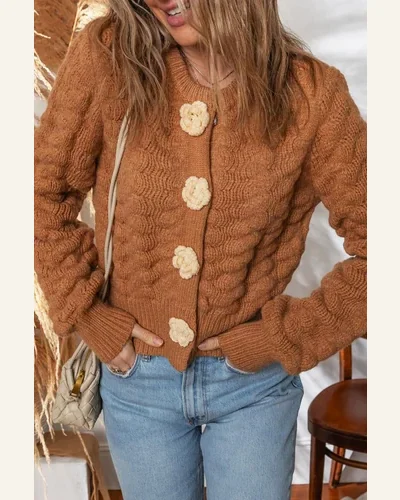 Casual Cardigan Sweater Chestnut 3D Flower Snap Button, view 2