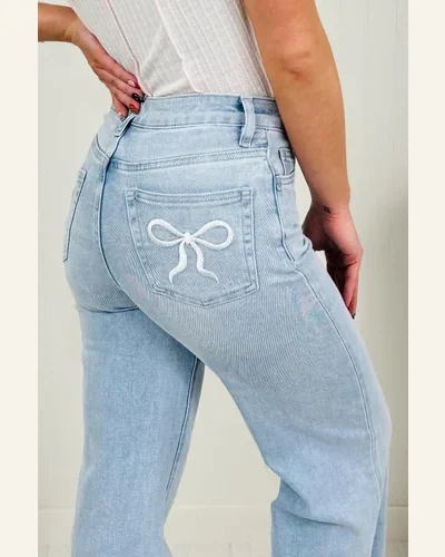 Casual Beau Blue Bow Embroidered Hip Pocket Jeans, view 2