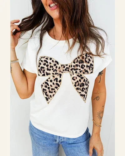 Short Sleeve Tops Summer Leopard Bow Round Neck, view 3