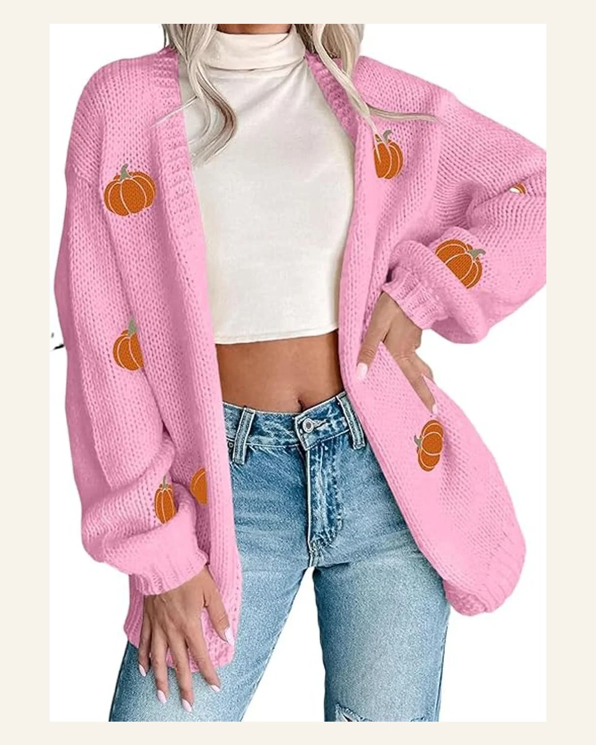 Casual Pink Pumpkin Print Cardigan Sweater Open Front by SELINK