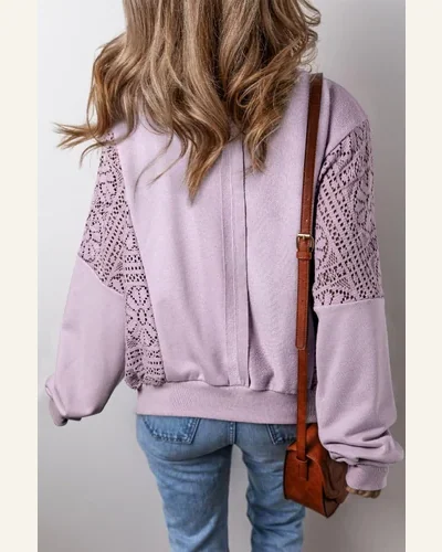 Casual Orchid Petal Knit Crochet Exposed Seam Ribbed Sweatshirt, view 2