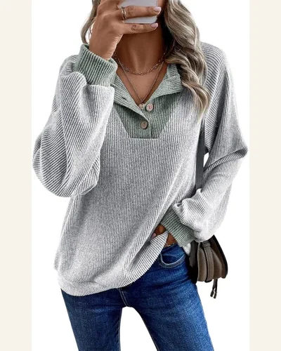 Tunic Tops Casual Light Grey Color Contrast Ribbed, view 1