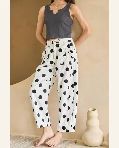 Casual Loose White Polka Dot Print Bow Pocketed Jeans, view 4