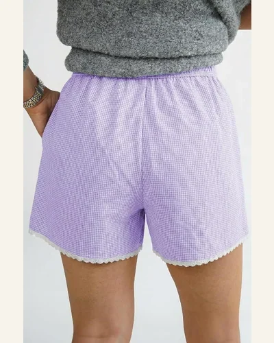 Casual Purple Gingham Plaid Lace Trim Boxer Shorts, view 2