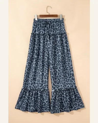 Gray Leopard Print Pants Drawstring Wide Leg Loose, view 2