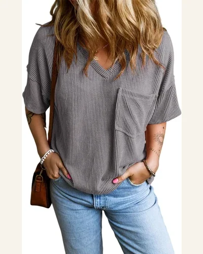 Short Sleeve T Shirt Casual Light Grey Corded, view 1