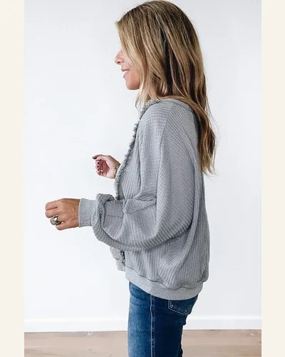 Tunic Tops Casual Light Grey Waffle Patchwork Long, view 3