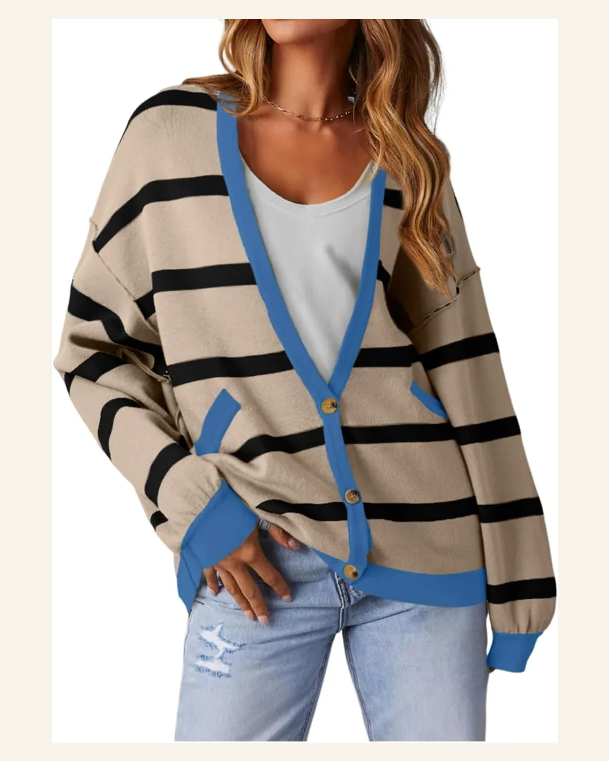 Cardigan Sweater Casual White Colorblock Drop Shoulder Buttoned by SELINK