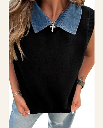 Knit Contrast Denim Patchwork Collar Sweater Vest, view 1