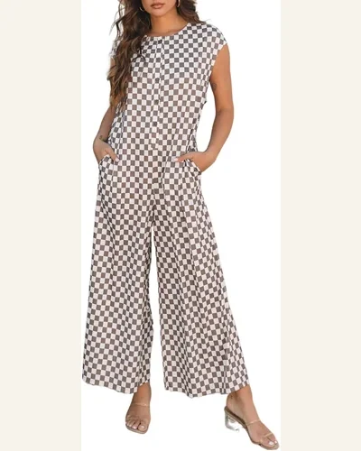 Casual Checkered Buttoned Crew Neck Wide Leg Jumpsuit, view 4