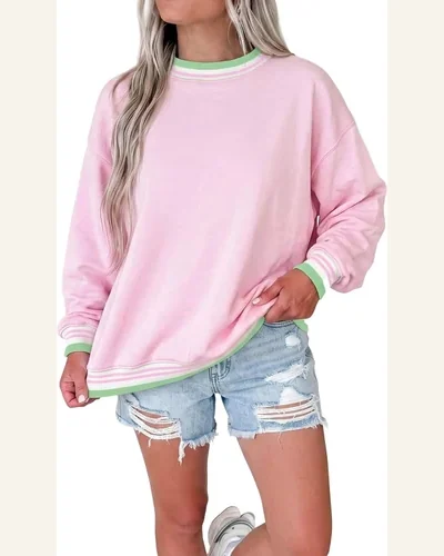 Casual Striped Trim Baggy Pullover Sweatshirt Straw, view 2