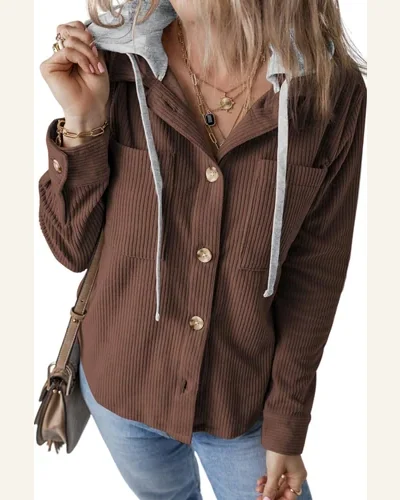 Shacket Jacket Casual Hooded Drawstring Pockets Corduroy Shacket, view 1