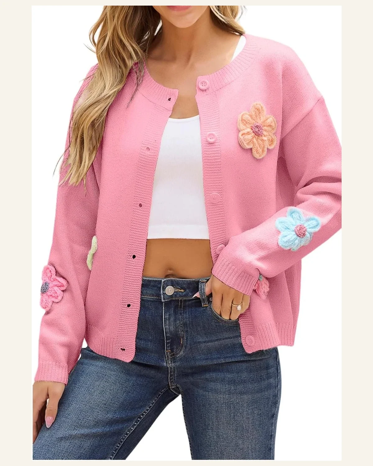 Cardigan Sweater Elegant Pink Knitted Floral Pattern Button by SELINK