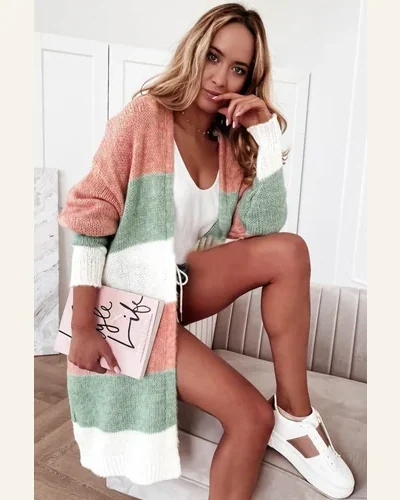 Cardigan Sweater Casual Green Colorblock Stripe Open-Front Cardigan, view 2