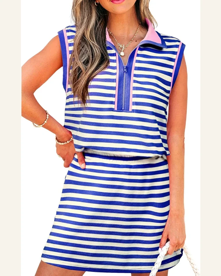 Striped 2 Piece Outfits Textured Zip Collar Sweatshirt by SELINK