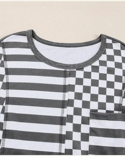 Long Sleeve Shirts Checkerboard Striped Patchwork Lantern Sleeve, view 4