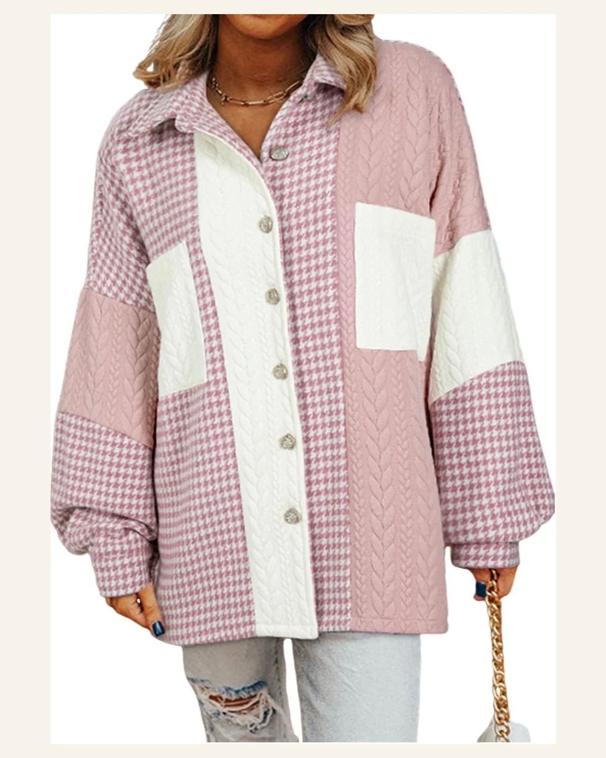 Shacket Jacket Casual Pink Houndstooth Color Contrast Textured by SELINK