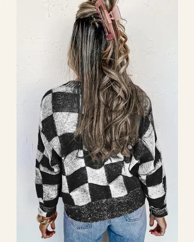 Cardigan Sweater Casual Checkered Drop Shoulder Buttoned, view 2